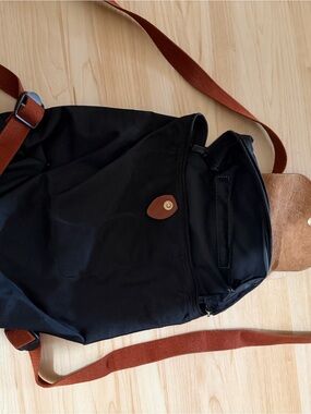 Longchamp Black Nylon Messenger Bag with Brown Strap